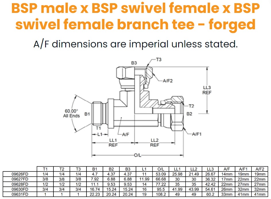 1/4 BSP M/F/F Forged Tee For Bonded Seal Hydraulic Adaptor